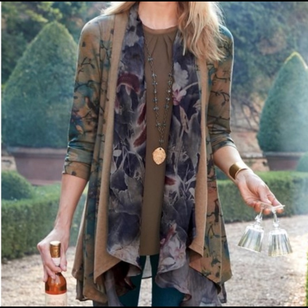 Soft Surroundings Tea Garden Bird Lagenlook‎ Cardigan Sweater